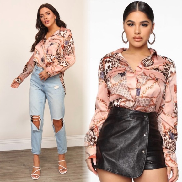 Timing Tops - Chain and animal print button down satin polyester top